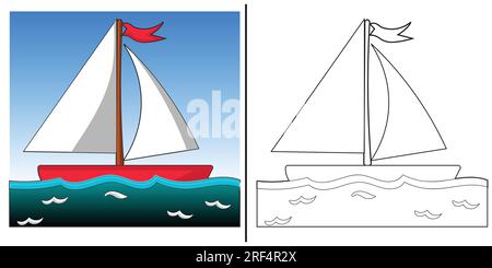 Fun sailboat coloring page for kids.  Vector cartoon illustration Stock Vector