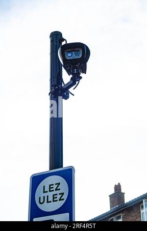 31st July 2023. London, UK. ULEZ Cameras Vandalised in Chiswick, London. Detailed shots of two ULEZ cameras sabotaged by persons opposed to London Mayor Sadiq Khan's ULEZ policy scheduled to begin 29th August to combat air pollution. Cameras located in Devonshire Road, near the TESLA office and Hogarth Roundabout and Church Street on the other side of the roundabout, near Chiswick Mall, with a mini-flyover evident. Credit Peter Hogan/ALAMY Stock Photo