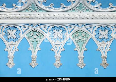 Wall and ceiling design details in Gothic style. White gypsum bas-relief pattern, classic architecture template Stock Photo