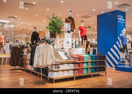 Fashion boutique with sportswear. On sale at a clothing store in a