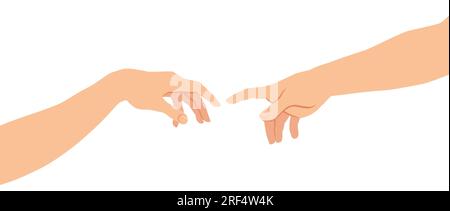 Hands reaching out for touch creation of Adam. Iconic biblical scene representation symbol of faith and support. Vector illustration Stock Vector