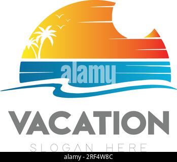 Vacation, Beach, Summer holidays, and tourism business company Vector logo design template. Green palm on the seaside. The concept for travel agency, tropical Stock Vector