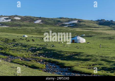 A ger of a herder in a remote valley in the Altai Mountains (Altay Mountains) near Altai Sum about 200 kilometers from Ulgii (Ölgii) in the Bayan-Ulgi Stock Photo