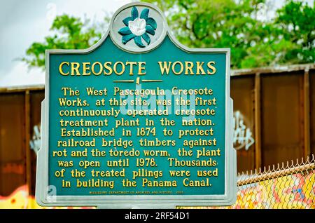 A historic marker stands on the former site of West Pascagoula Creosote Works, May 11, 2023, in Gautier, Mississippi. Stock Photo