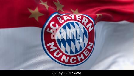 Munich, DE, June 30 2023: Close-up of Bayern Munich flag waving. German sports club based in Munich. Illustrative editorial 3d illustration render. Wa Stock Photo