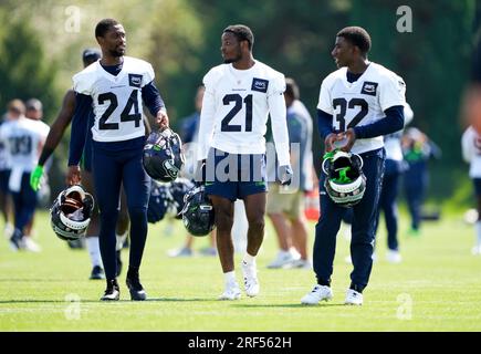 Seattle Seahawks safety Jerrick Reed II (32) celebrates during an NFL  pre-season football game against the Minnesota Vikings, Thursday, Aug. 10,  2023 in Seattle. (AP Photo/Ben VanHouten Stock Photo - Alamy