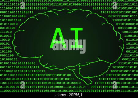 AI Artificial Intelligence concept with drawn human brain and typed zeroes and ones green binary code. Stock Photo