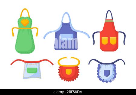 Premium Vector  Colorful kitchen aprons set of banners illustration.  protective garment. cooking dress for housewife or chef of restaurant.  coking science. lets cook tasty food. clothing.
