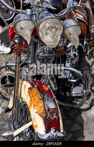 Paris, France. 30th July, 2023. Harley Davidson Custom presented at the 16th summer crossing of Paris in vintage vehicle on July 30, 2023. Stock Photo