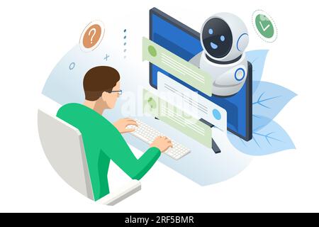 Isometric Artificial Intelligence, Knowledge Expertise Intelligence Learn. Internet connect Chat, Chat with AI, Artificial Intelligence. Stock Vector