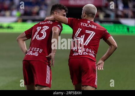 Harrison, New Jersey, USA. 30th July, 2023. Dante Vanzeir (13) of Red Bulls celebrates scoring winning goal with John Tolkin (47) who assited on it during Leagues Cup 2023 match against Atletico San Luis at Red Bull Arena in Harrison, NJ. The Red Bulls won 2 - 1 and progressed to the round of 32. There were 3 ruled out goals - two from Red Bulls (one offside and another foul committed before the shot) and one from Atletico (offside). Red Bulls goalkeeper Carlos Coronel saved a penalty kick when the game was on a balance at 1 each. (Credit Image: © Lev Radin/Pacific Press via ZUMA Press Stock Photo