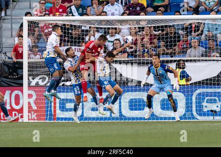 Harrison, New Jersey, USA. 30th July, 2023. Dante Vanzeir (13) of Red Bulls shoots on goal during Leagues Cup 2023 match against Atletico San Luis at Red Bull Arena in Harrison, NJ. The Red Bulls won 2 - 1 and progressed to the round of 32. There were 3 ruled out goals - two from Red Bulls (one offside and another foul committed before the shot) and one from Atletico (offside). Red Bulls goalkeeper Carlos Coronel saved a penalty kick when the game was on a balance at 1 each. (Credit Image: © Lev Radin/Pacific Press via ZUMA Press Wire) EDITORIAL USAGE ONLY! Not for Commercial USAGE! Stock Photo