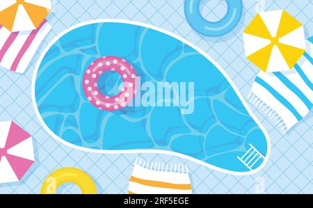 Summer pool party top view. Sun umbrella, sunbeds, colorful lifebuoys. Vector illustration background in trendy style. Stock Vector