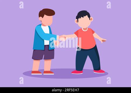 Graphic flat design drawing of adorable little boys standing and shaking hands making friendship. Children introduce themselves. Cute boys touching ea Stock Photo