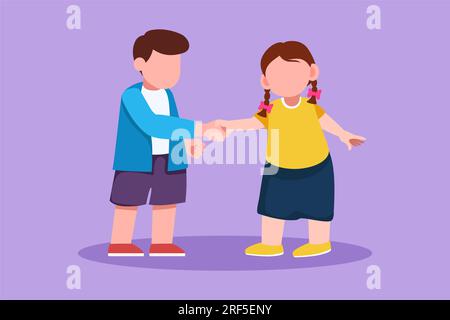 Cartoon flat style drawing cute little boys and girls standing and shaking hands making friendship. Children introduce themselves. Kids touching each Stock Photo