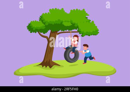 Character flat drawing happy little boys and girls playing tire swing under tree. Cheerful kids swinging on tire hanging from tree. Cute children play Stock Photo