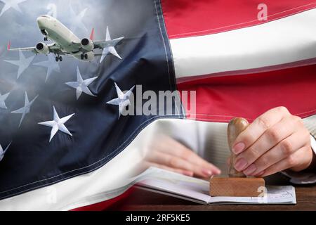 Getting visa. Multiple exposure with airplane in sky, USA flag and photo of woman stamping passport page Stock Photo