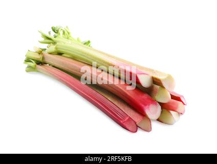 Stalks of fresh ripe rhubarb isolated on white Stock Photo
