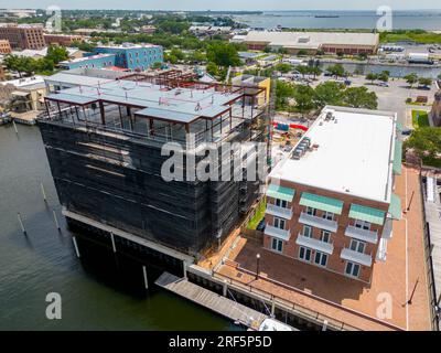 Pensacola, FL, USA - July 21, 2023: Aerial drone inspection new construction Pensacola Florida Stock Photo