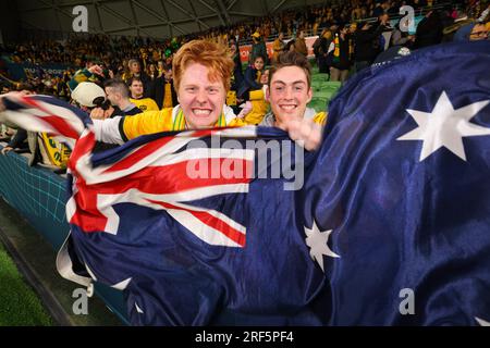 Melbourne, Australia. 31st July, 2023. Young fans celebrate after the FIFA Women's World Cup Australia & New Zealand 2023 Group match between Australia and Canada at Melbourne Rectangular Stadium. Australia won the match 4-0. Credit: SOPA Images Limited/Alamy Live News Stock Photo