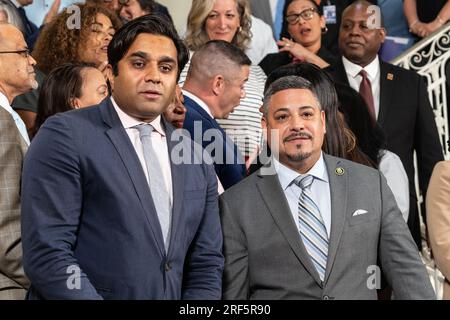 Health Commissioner Ashwin Vasan and police Commissioner Edward Caban attend public safety announcement by mayor Eric Adams, Governor Kathy Hochul, Attorney General Letitia James at City Hall in New York on July 31, 2023 Stock Photo
