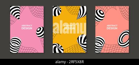 Abstract geometric posters collection. Design templates with 3d torus, cone, cylinder, sphere and wireframes elements. Set of minimalistic retro style covers, banners, invitations, flyers. Vector Stock Vector