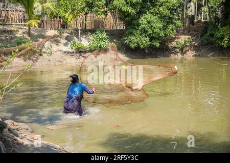 A Bangladeshi woman catching fish with cast net Stock Photo