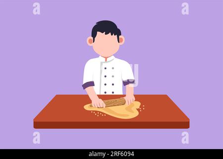 Character flat drawing adorable little boy stretching dough with rolling pin. Happy kids making homemade pizza at kitchen. Children doing housework ch Stock Photo