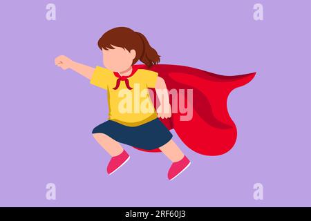 Cartoon flat style drawing cute super girl. Pretty little girl dressed as super hero flying in traditional heroic pose, stretching up her arm, cape in Stock Photo