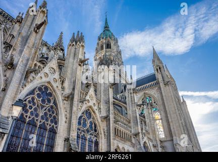 south façade of the side chapels and south transept with view of the central tower of Bayeux Cathedral, Bayeux in the Calvados department of Normandy Stock Photo