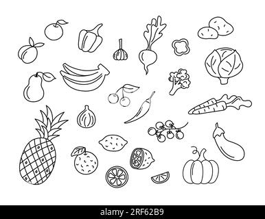 Fruits and vegetables vector doodles set. Raw food elements isolated black on white background. Hand drawn outline illustration of pineapple, bananas Stock Vector