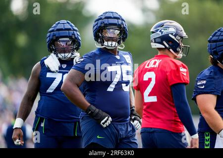 Seattle Seahawks offensive tackle Greg Eiland (75) blocks during an NFL  pre-season football game against the Minnesota Vikings, Thursday, Aug. 10,  2023 in Seattle. (AP Photo/Ben VanHouten Stock Photo - Alamy