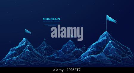Digital mountains range with flags in a futuristic low poly style Stock Vector