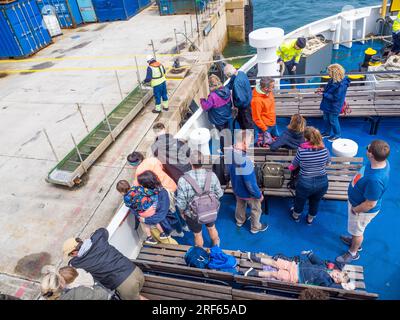 Passengers getting ready to depart Scillonian Ferry, Hugh Town Harbour, Hugh Town, St Marys, Isles of Scilly, Cornwall, England, UK, GB. Stock Photo