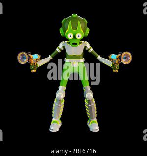 3D Alien with two blasters in hands. Stock Photo