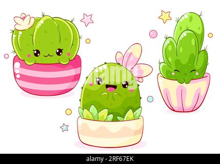 Set of stickers in kawaii style. Collection of cute cartoon cactus in flowerpot. Vector illustration EPS8 Stock Photo