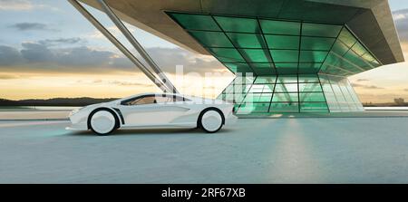 Empty cement floor with modern building exterior and brandless electric EV car. 3d rendering Stock Photo