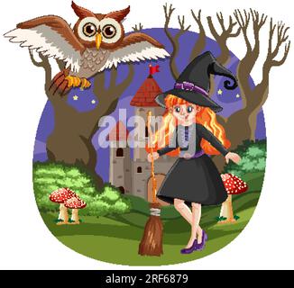 A fantasy illustration of a witch holding a bloom in a dark forest with an owl flying overhead Stock Vector