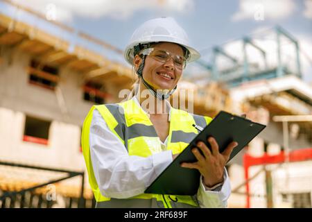 Professional female engineer in protective helmet making notes on construction site Stock Photo