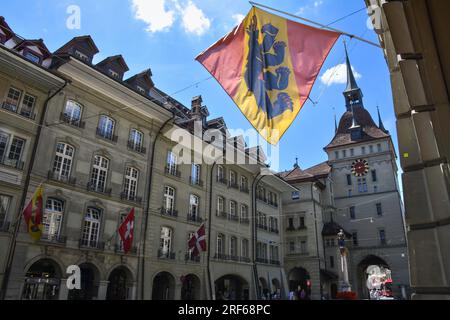 The Flag of Bern Canton on the Streets of the Old City - Switzerland Stock Photo