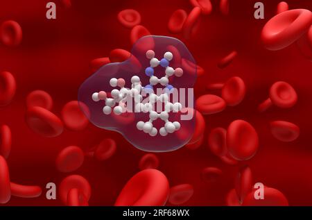 B2 vitamin (Riboflavin) structure in the blood flow - ball and stick closeup view 3d illustration Stock Photo