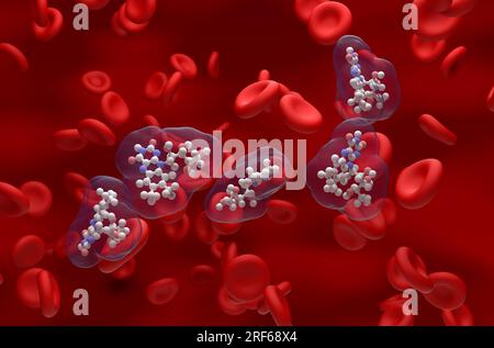 B2 vitamin (Riboflavin) structure in the blood flow - ball and stick isometric view 3d illustration Stock Photo