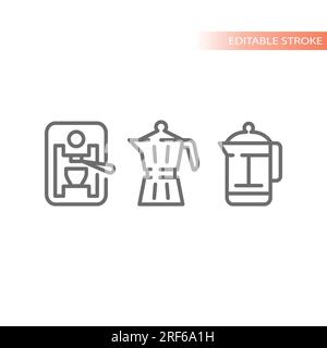 Coffee maker, french press line vector icons. Espresso machine and moka pot outline icon set. Stock Vector