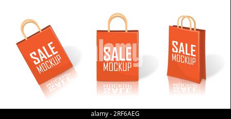 Set of orange paper shopping bag with different angles, retail purchase packaging sale bag mock up Stock Vector