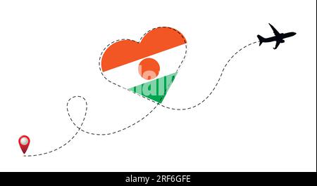 Airplane flight route with Niger flag inside the heart. Stock Vector