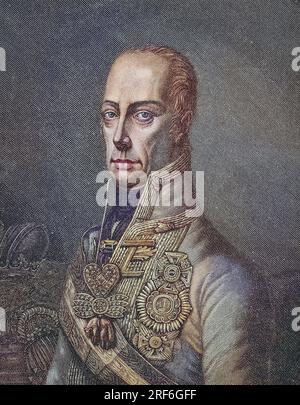 Franz Joseph Karl, 12. Februar 1768 - 2. März 1835, aus dem Hause Habsburg-Lothringen war von 1792 bis 1806 als Franz II. der letzte Kaiser des Heiligen Römischen Reiches Deutscher Nation, 1804 gründete er das Kaisertum Österreich, das er als Franz I. bis zu seinem Tod regierte, digitale verbesserte Reproduktion eines Originaldrucks aus dem 19. Jahrhundert  /  Franz Joseph Karl, February 12, 1768 - March 2, 1835, from the House of Habsburg-Lorraine was from 1792 to 1806 as Franz II the last emperor of the Holy Roman Empire of the German Nation, in 1804 he founded the empire of Austria, which h Stock Photo