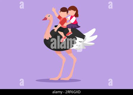 Character flat drawing happy little boy and girl riding cute ostrich together. Children sitting on back ostrich with holding its neck. Kid learning to Stock Photo