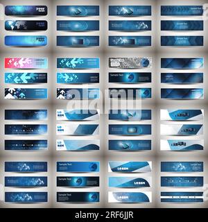 Mega Set of 48 Business Header, Card or Banner Designs with Arrows, Icons on Blue Backgrounds, Multi Purpose Templates Stock Vector