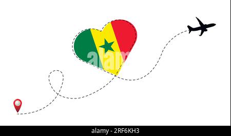 Airplane flight route with Senegal flag inside the heart. Stock Vector