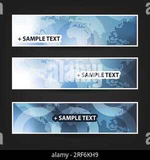 Set of Horizontal Banner Background Designs, Ad Templates - Light Blue and White Spotted World Map Stock Vector